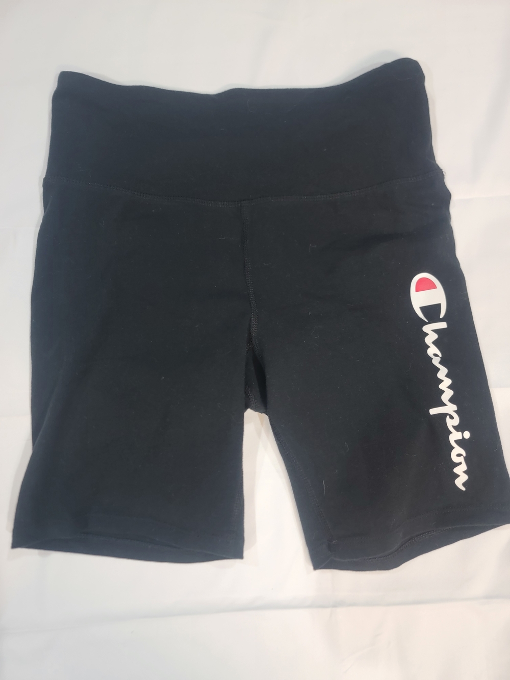 Champion Black Bike Shorts with White Script and Red Accent